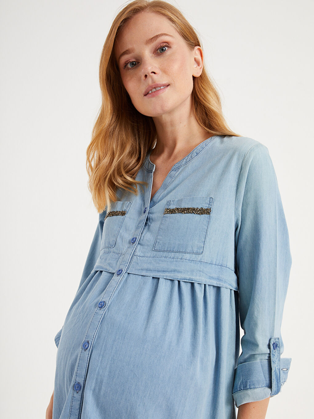 فستان جينز للحوامل بأكمام طويلة-2