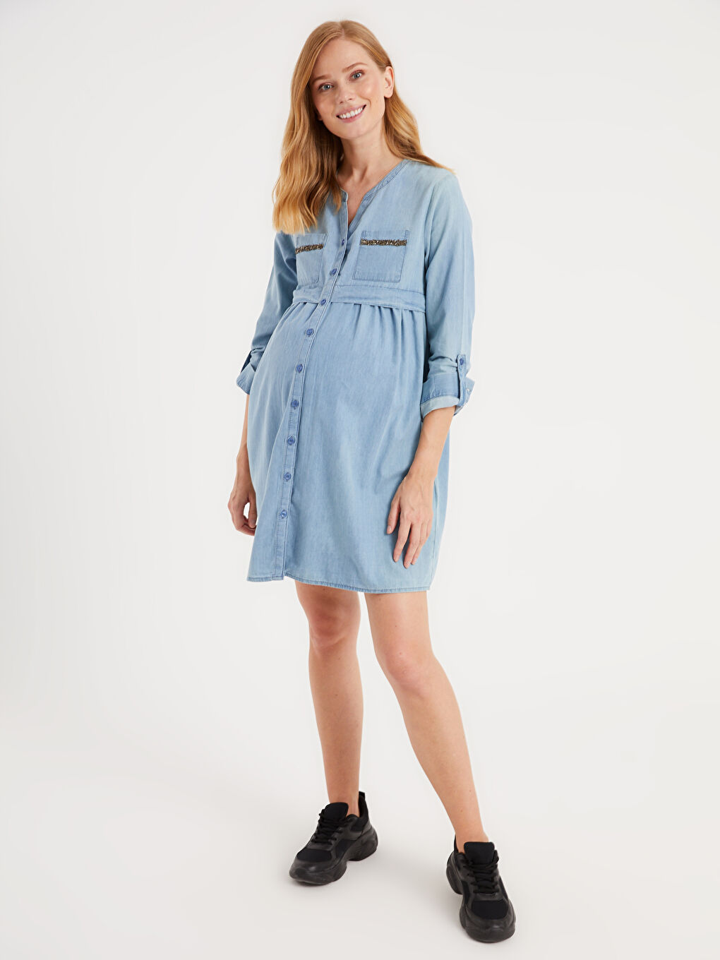 فستان جينز للحوامل بأكمام طويلة