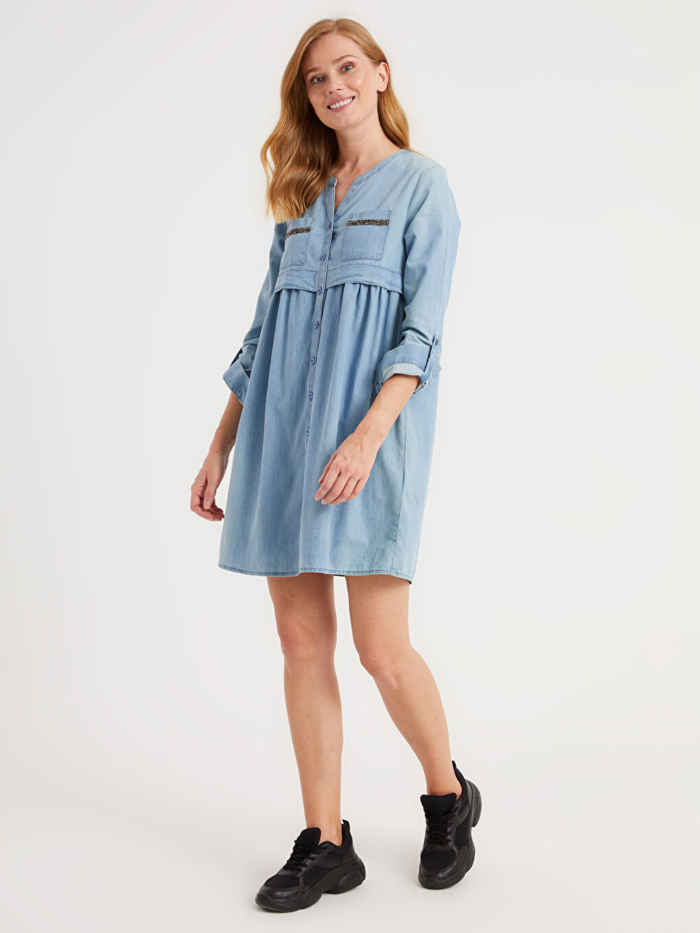 فستان جينز للحوامل بأكمام طويلة-3