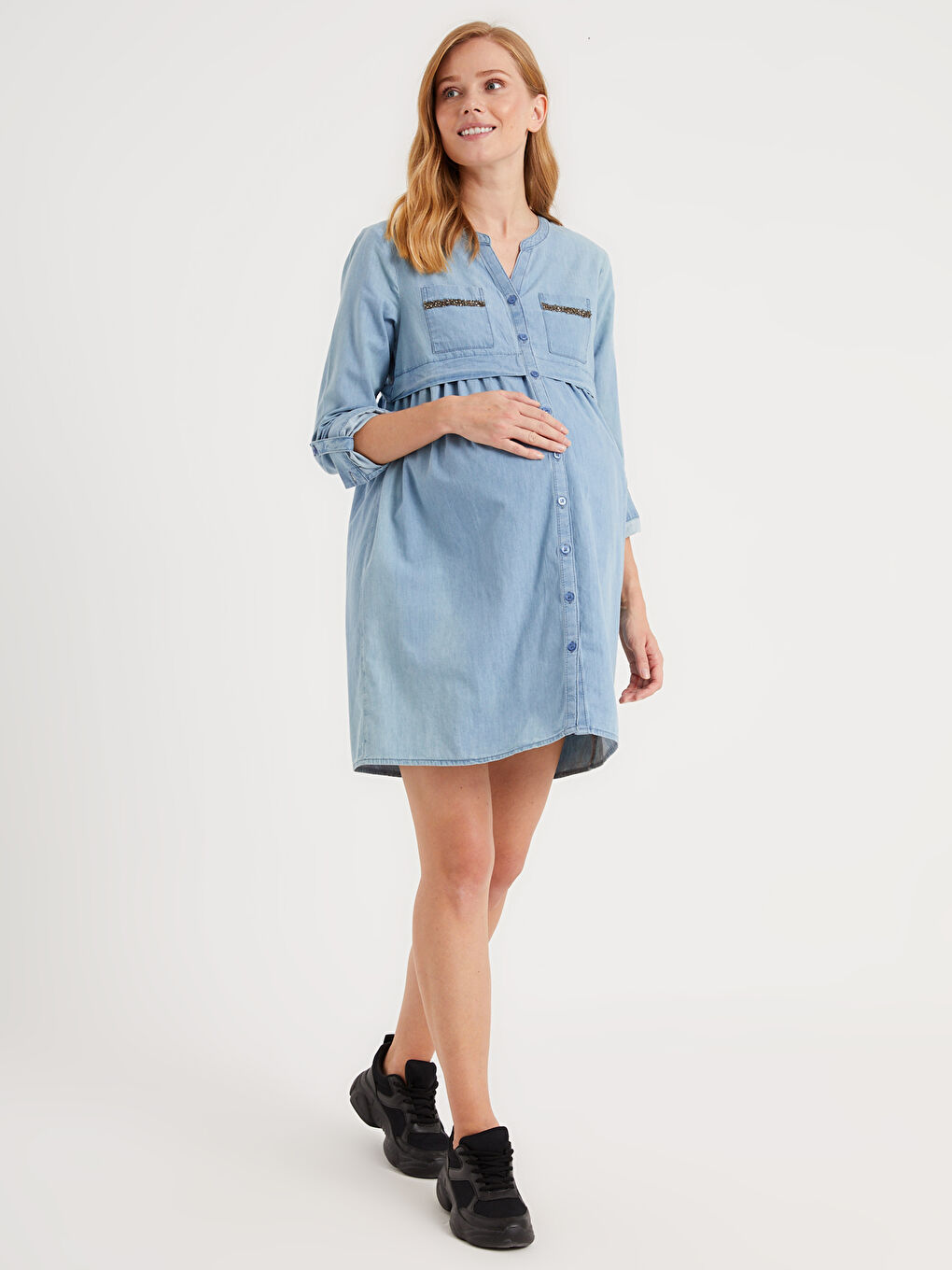 فستان جينز للحوامل بأكمام طويلة-4