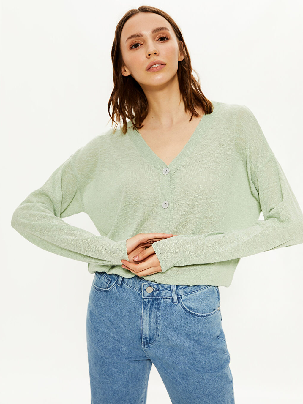 V Neck Long Sleeve Women's Knitwear Cardigan