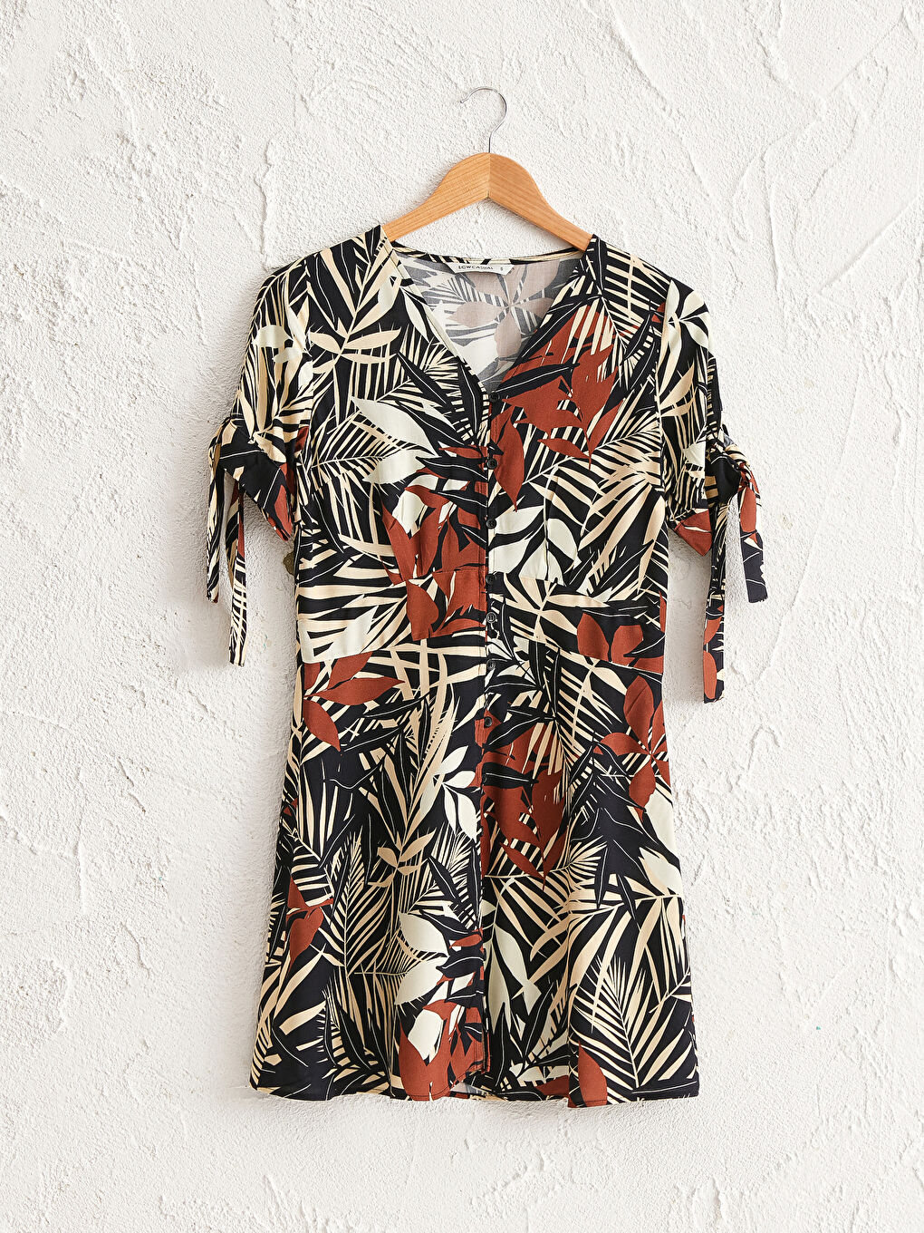 Bej Çiçekli Viskon Elbise-4