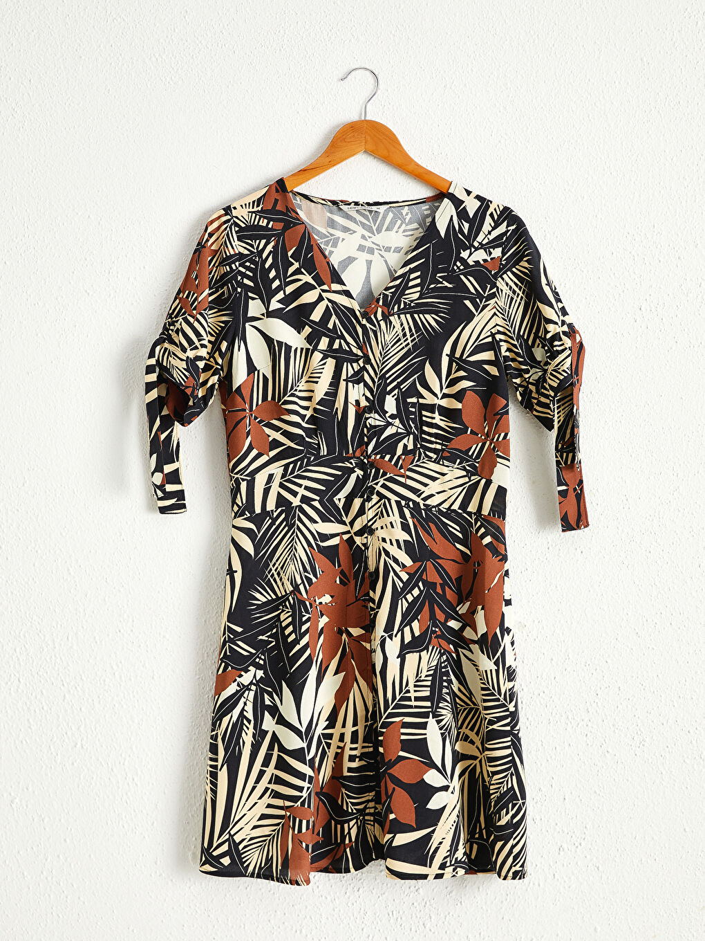 Bej Çiçekli Viskon Elbise-1