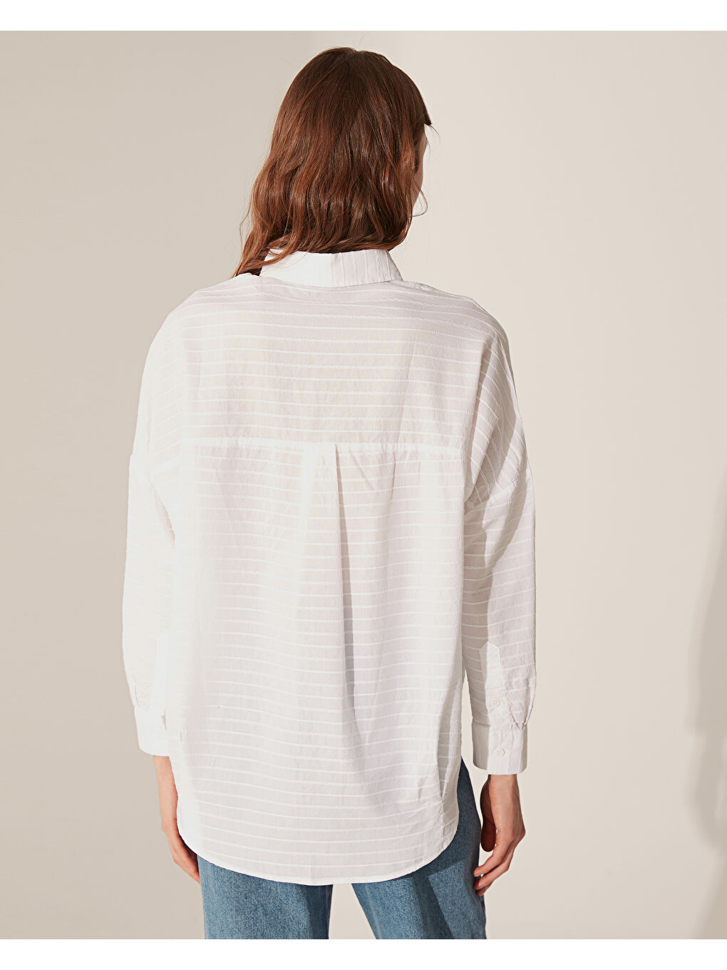 Beyaz Rahat Kalıp Uzun Kollu Poplin Kadın Dokulu Poplin Gömlek-6