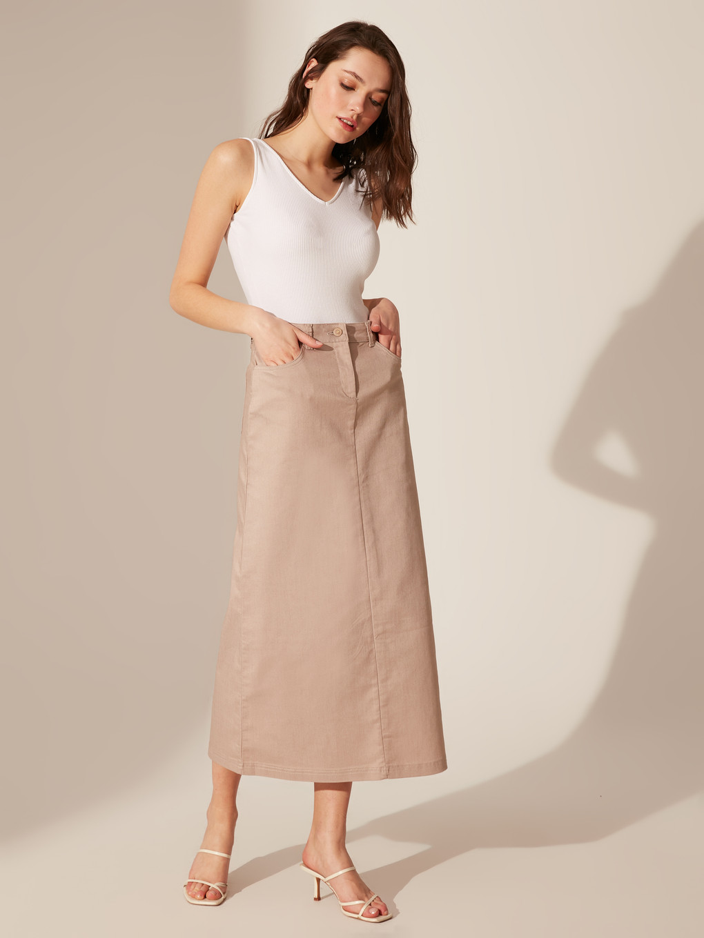 Bej Standart Fit Gabardin Kadın Etek