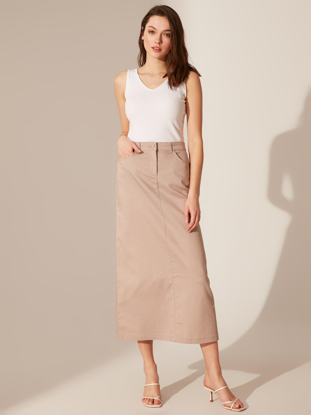 Bej Standart Fit Gabardin Kadın Etek-2