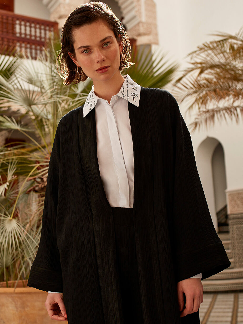 Ekru Gömlek Yaka Uzun Kollu Oversize Poplin Kadın Tunik-1