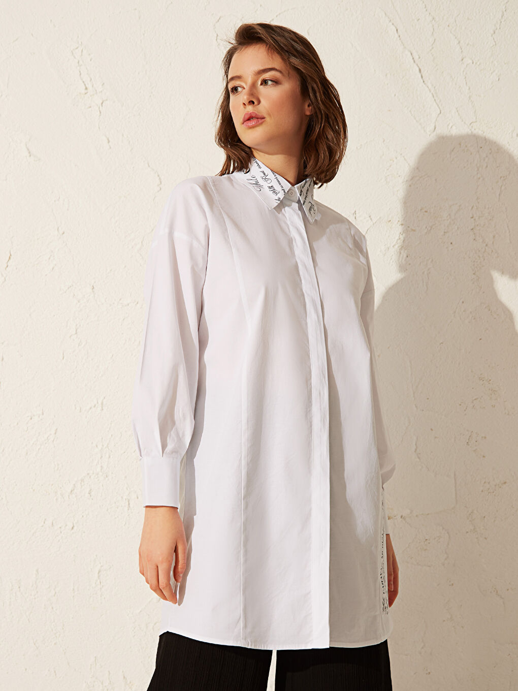 Ekru Gömlek Yaka Uzun Kollu Oversize Poplin Kadın Tunik-5