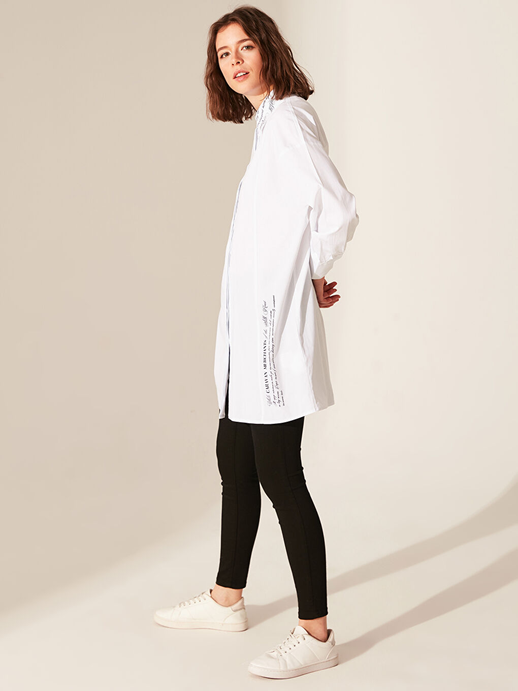 Ekru Gömlek Yaka Uzun Kollu Oversize Poplin Kadın Tunik-3