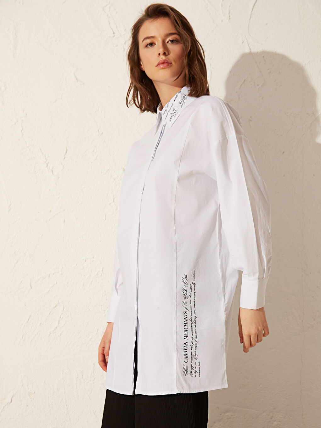 Ekru Gömlek Yaka Uzun Kollu Oversize Poplin Kadın Tunik-2