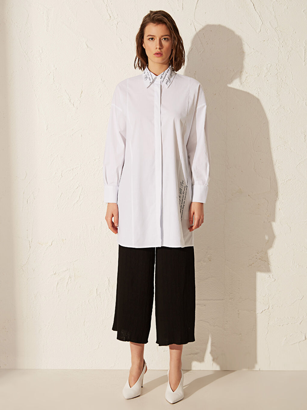 Ekru Gömlek Yaka Uzun Kollu Oversize Poplin Kadın Tunik-4