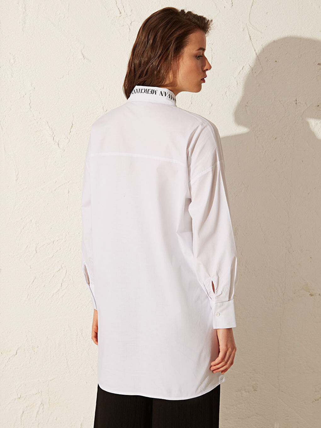 Ekru Gömlek Yaka Uzun Kollu Oversize Poplin Kadın Tunik-6