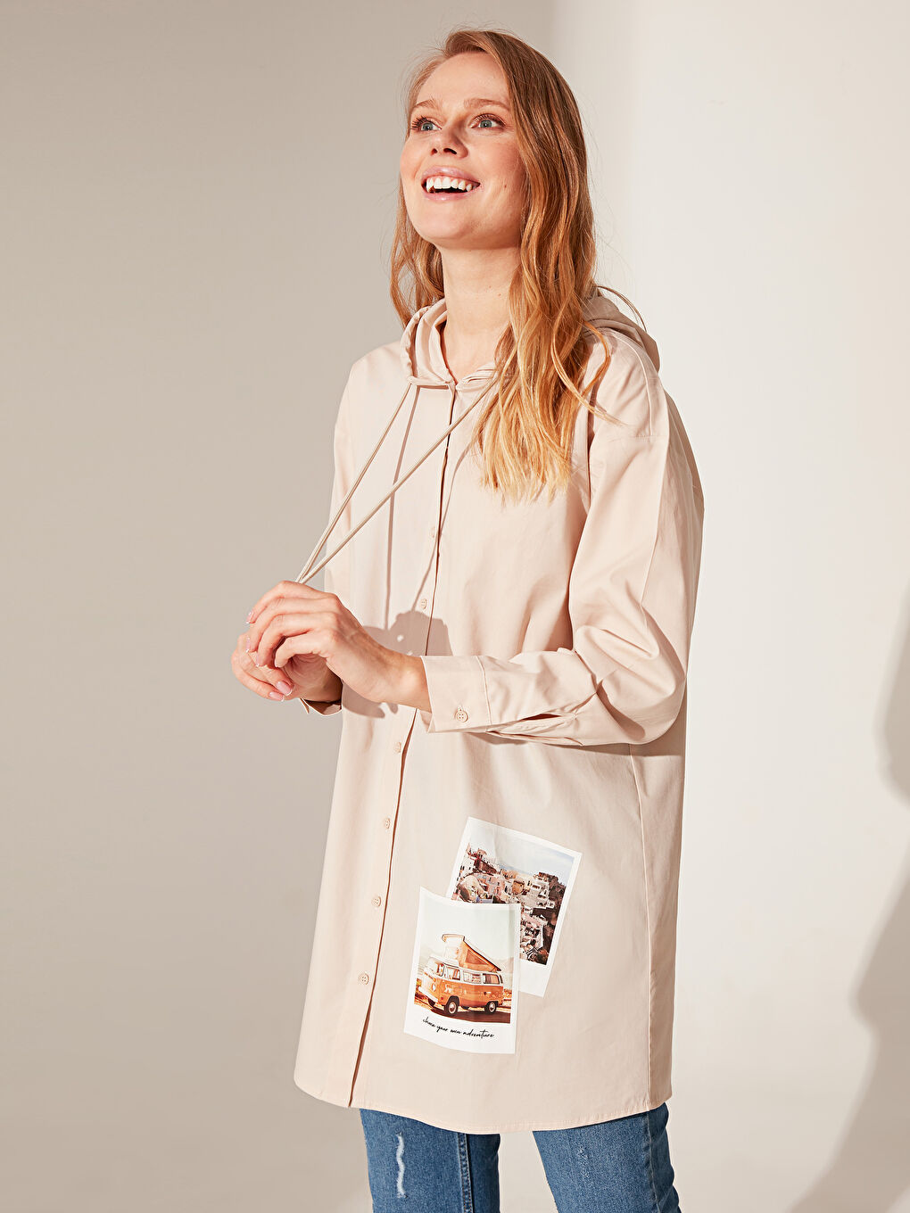 Bej Kapüşonlu Uzun Kollu Oversize Poplin Kadın Tunik