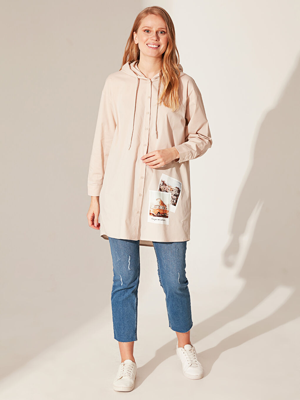 Bej Kapüşonlu Uzun Kollu Oversize Poplin Kadın Tunik-1