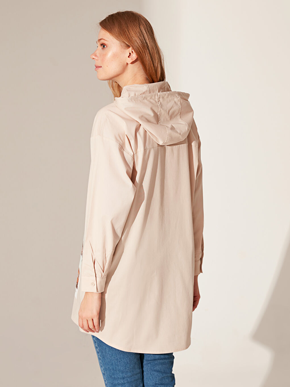 Bej Kapüşonlu Uzun Kollu Oversize Poplin Kadın Tunik-2