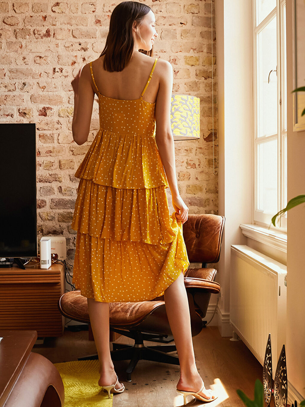 Ruffle Detailed Polka Dot Chiffon Dress-2