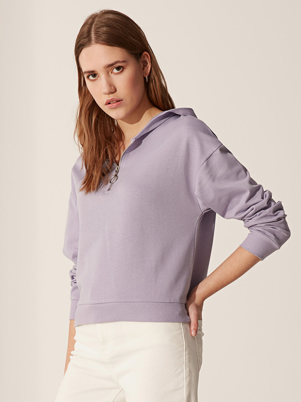 Lila Düz Uzun Kollu Kadın Hoodie-1