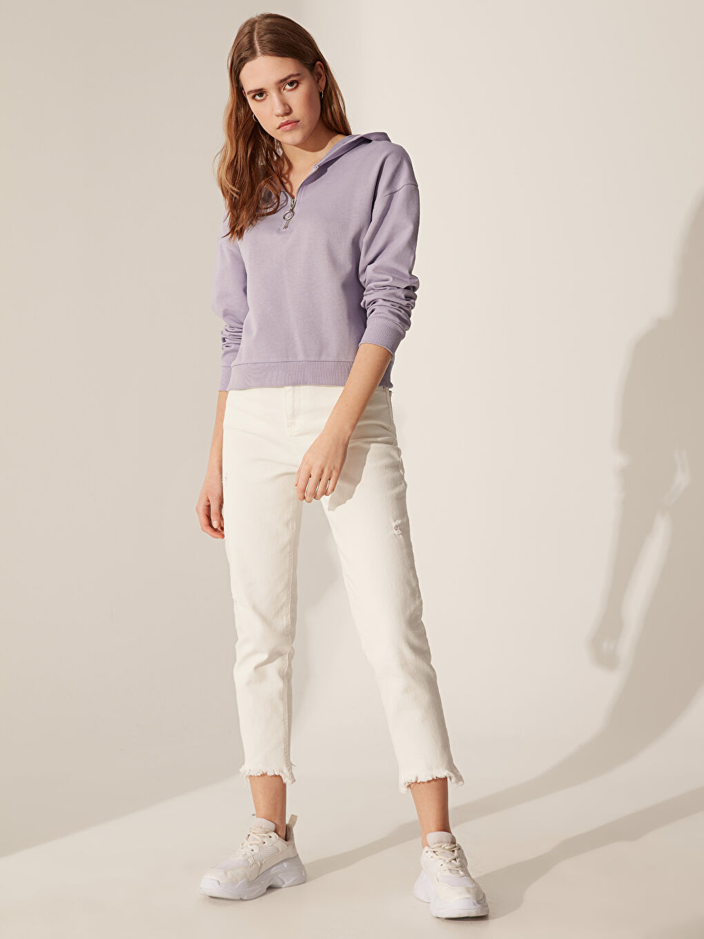 Lila Düz Uzun Kollu Kadın Hoodie-2