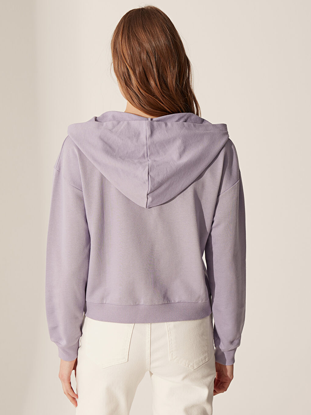 Lila Düz Uzun Kollu Kadın Hoodie-3