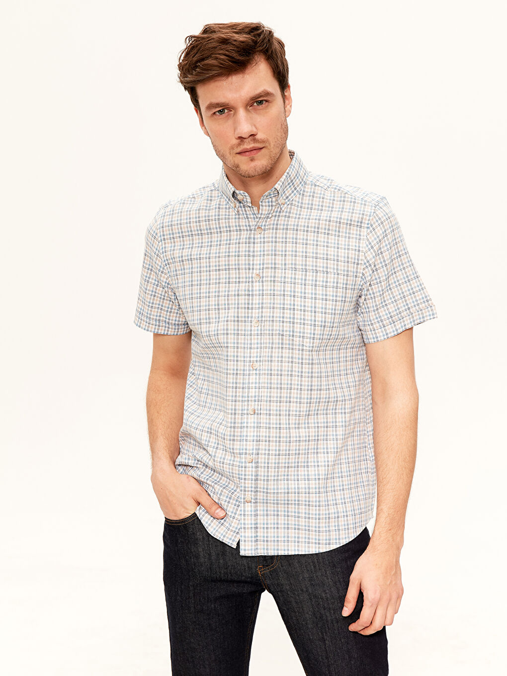 Bej Poplin Erkek Gömlek-1