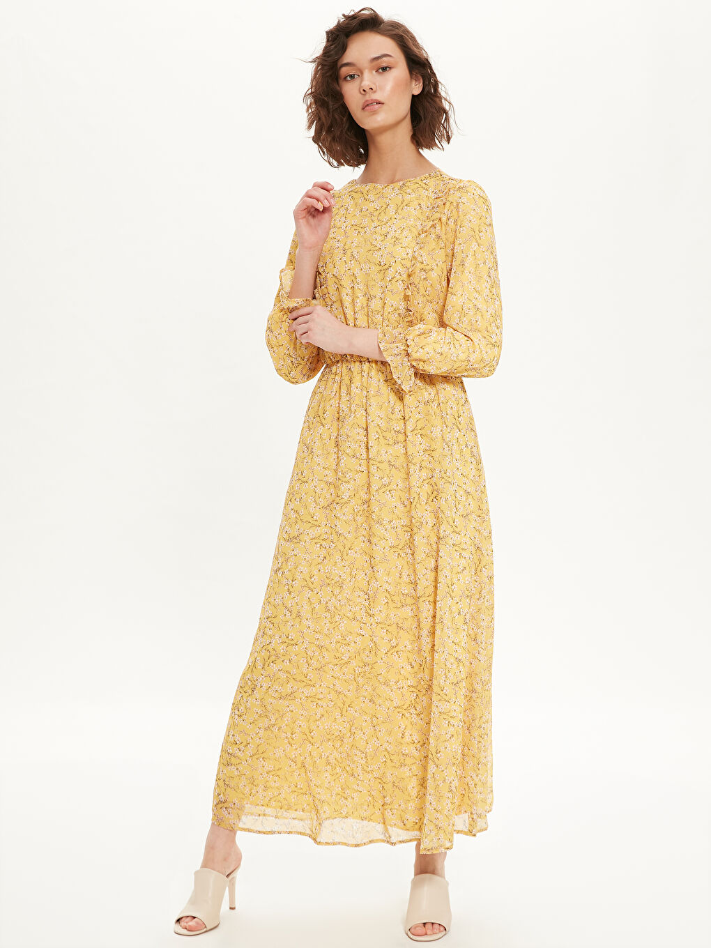 Sarı Standart Fit Uzun Kollu Şifon Kadın Elbise