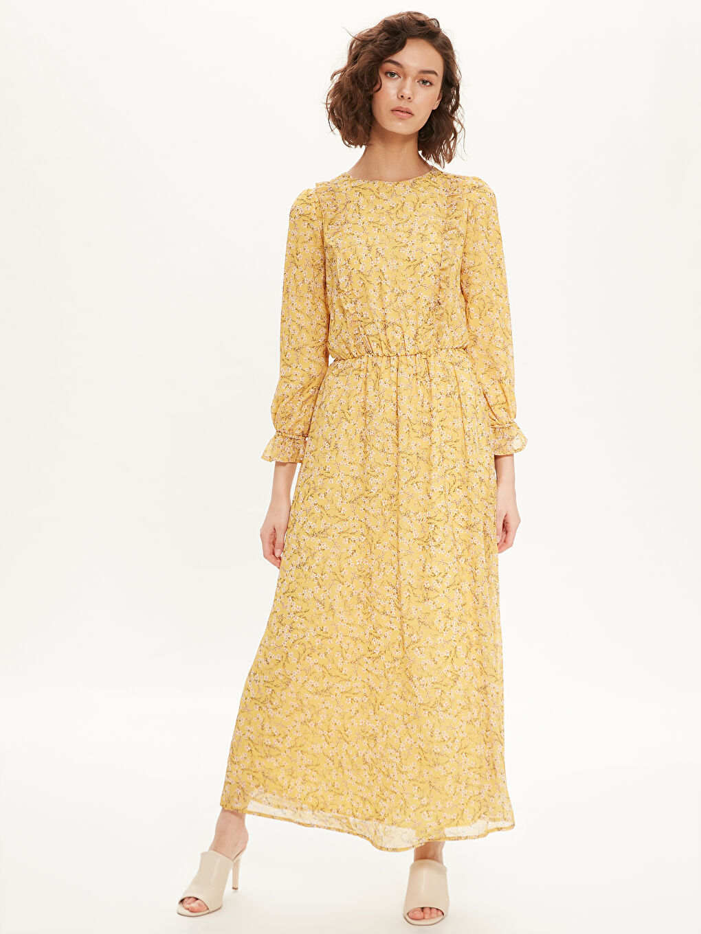 Sarı Standart Fit Uzun Kollu Şifon Kadın Elbise-1