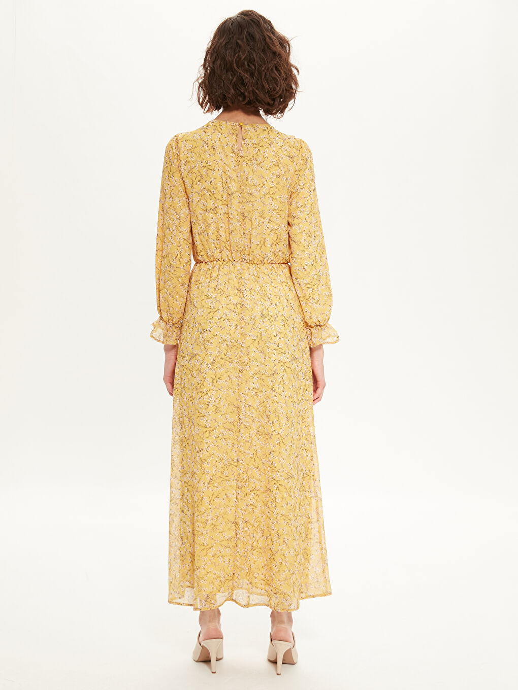 Sarı Standart Fit Uzun Kollu Şifon Kadın Elbise-2