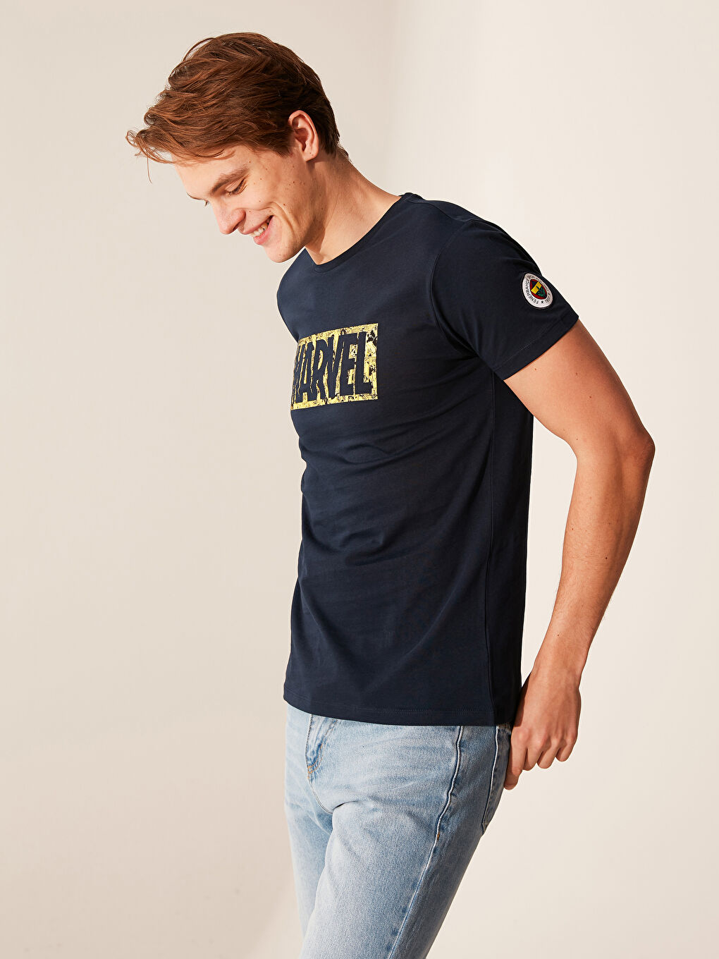 Lacivert Bisiklet Yaka Kısa Kollu Fenerbahçe Baskılı Penye Erkek Taraftar Tişört-5