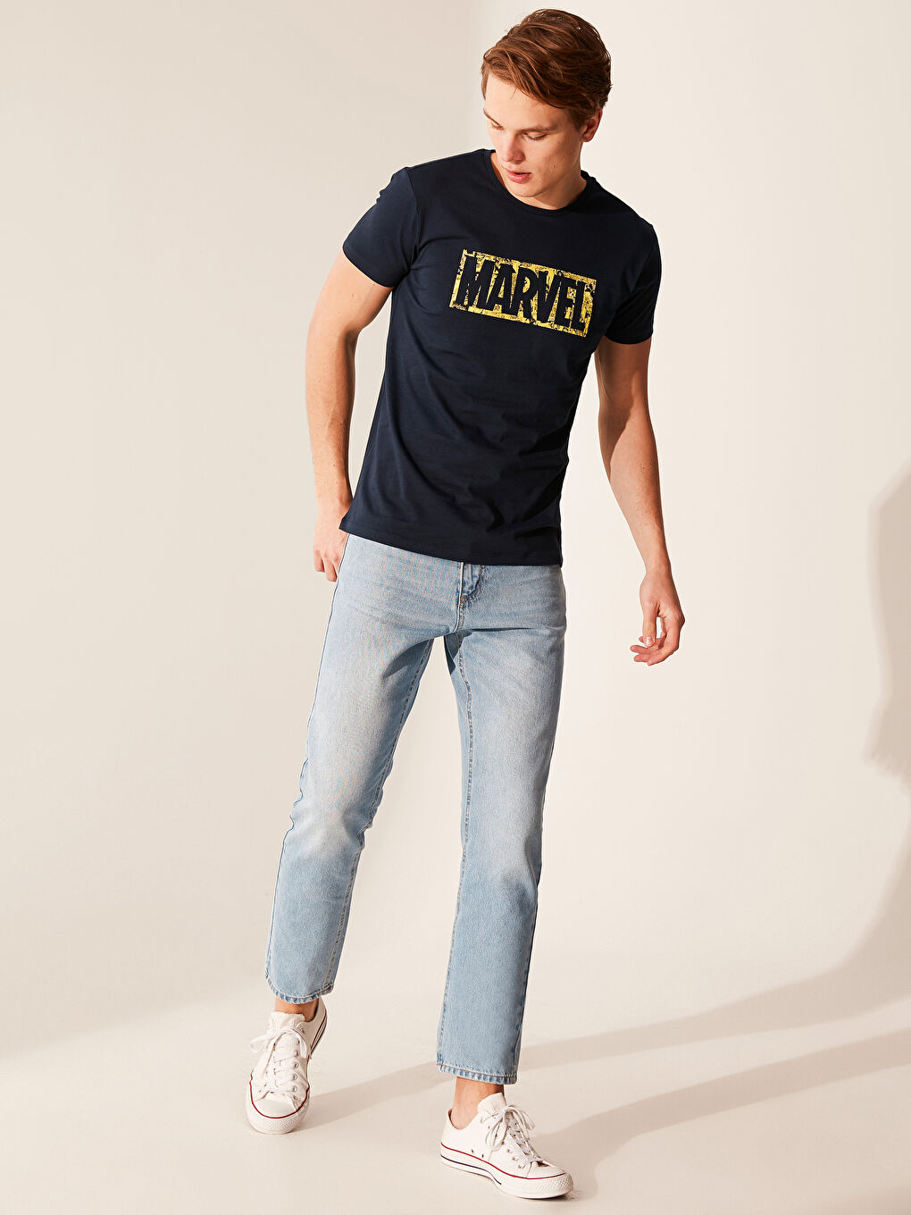 Lacivert Bisiklet Yaka Kısa Kollu Fenerbahçe Baskılı Penye Erkek Taraftar Tişört-7