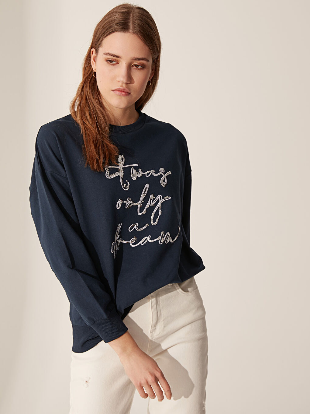 әйелдерге арналған ұзын жеңді дөңгелек жағалы принтті свитшот