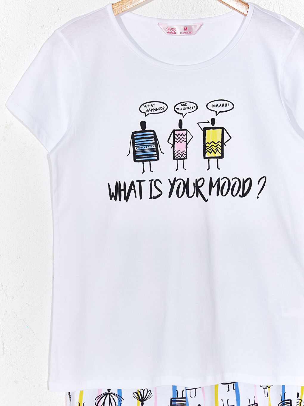 Beyaz Bisiklet Yaka Baskılı Kısa Kollu Kadın Pijama Takımı-5