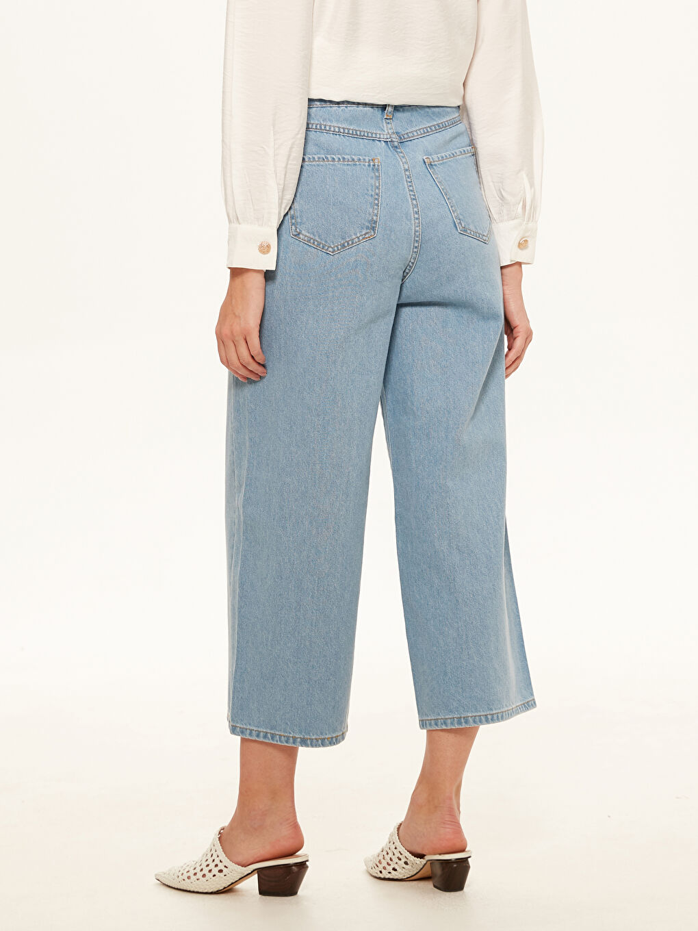 İndigo Bilek Boy Geniş Paça Jean Pantolon-2