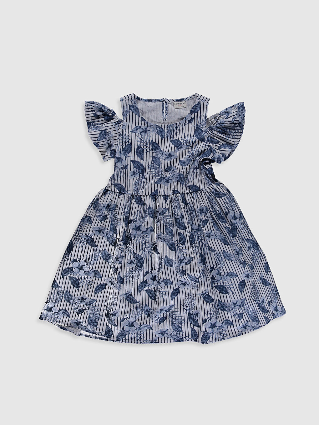 Lacivert Kız Çocuk Omuzu Açık Pamuklu Elbise  Aile Kombini