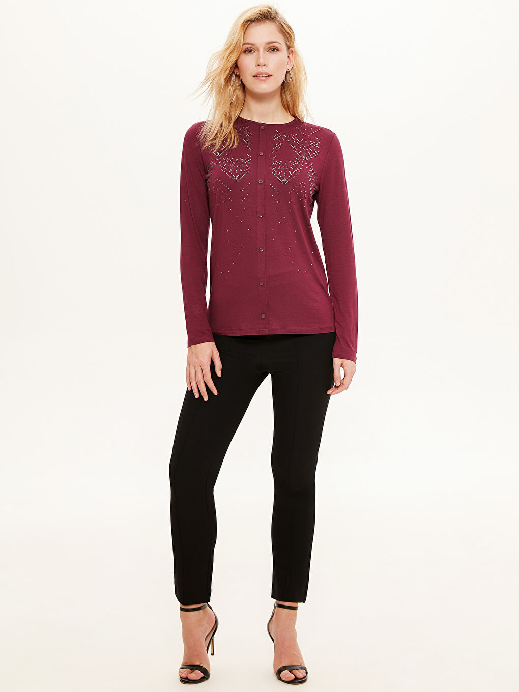 Mürdüm Bisiklet Yaka Uzun Kollu Kadın Tişört-1