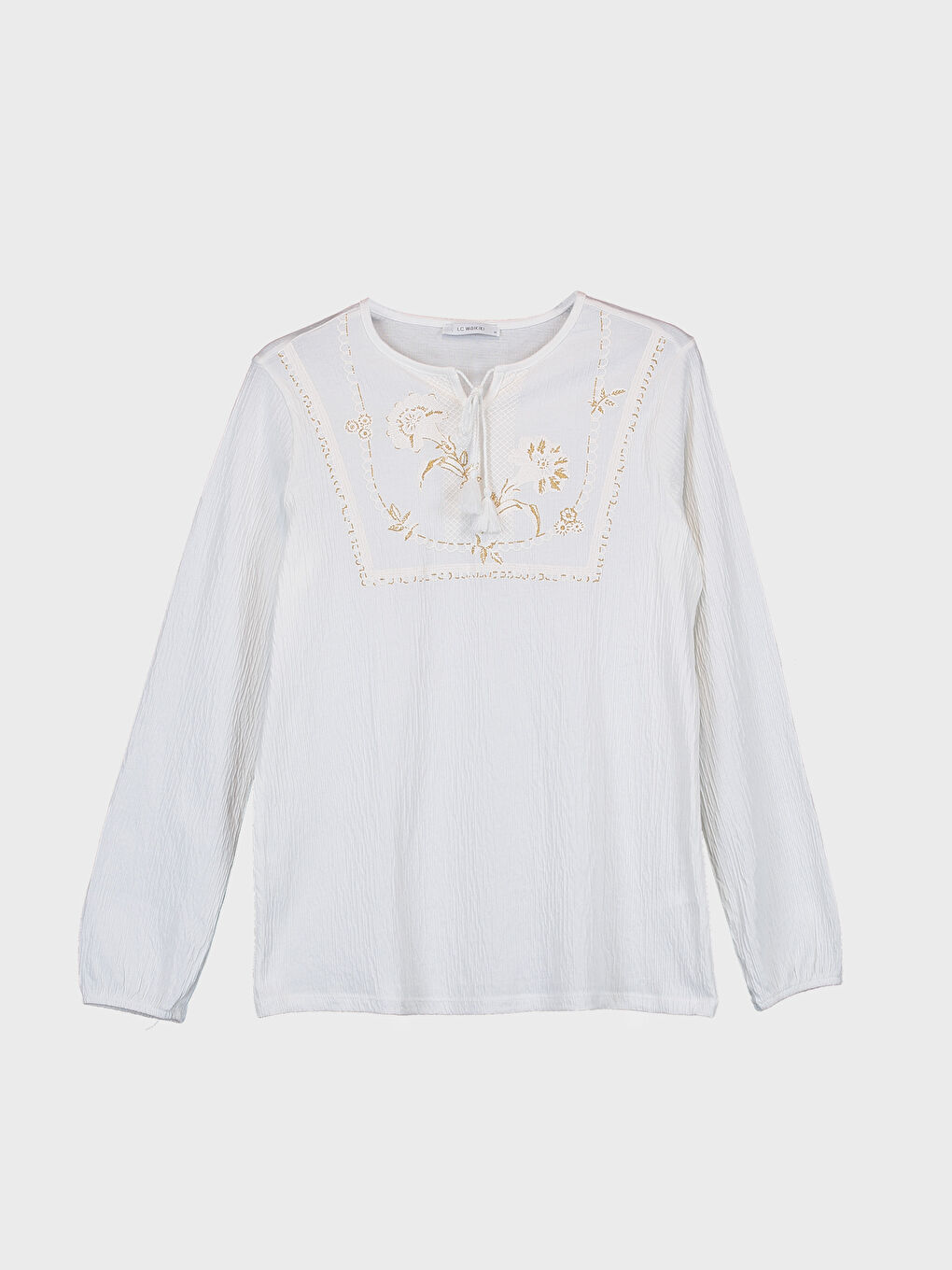 Beyaz Bisiklet Yaka Nakışlı Uzun Kollu Kadın Tişört-1