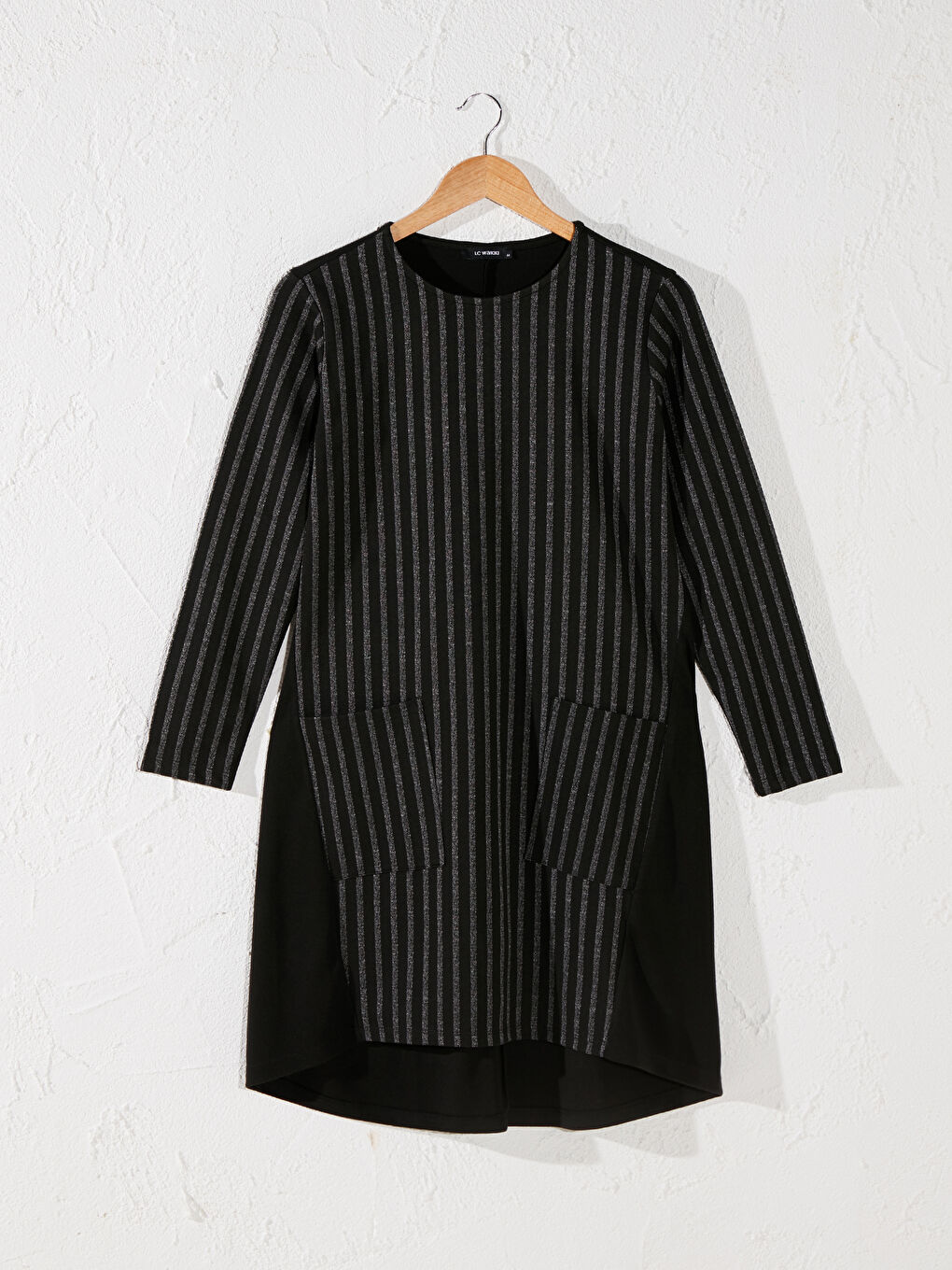 Siyah Bisiklet Yaka Çizgili Uzun Kollu Kadın Tunik