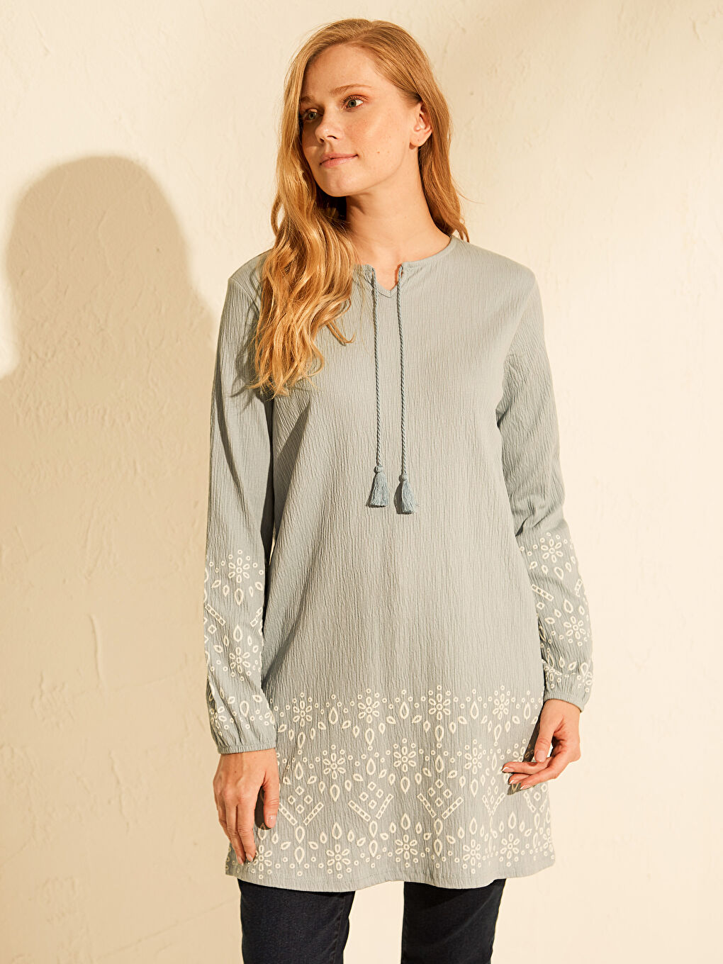 Mavi Bisiklet Yaka Desenli Uzun Kollu Kadın Tunik-1