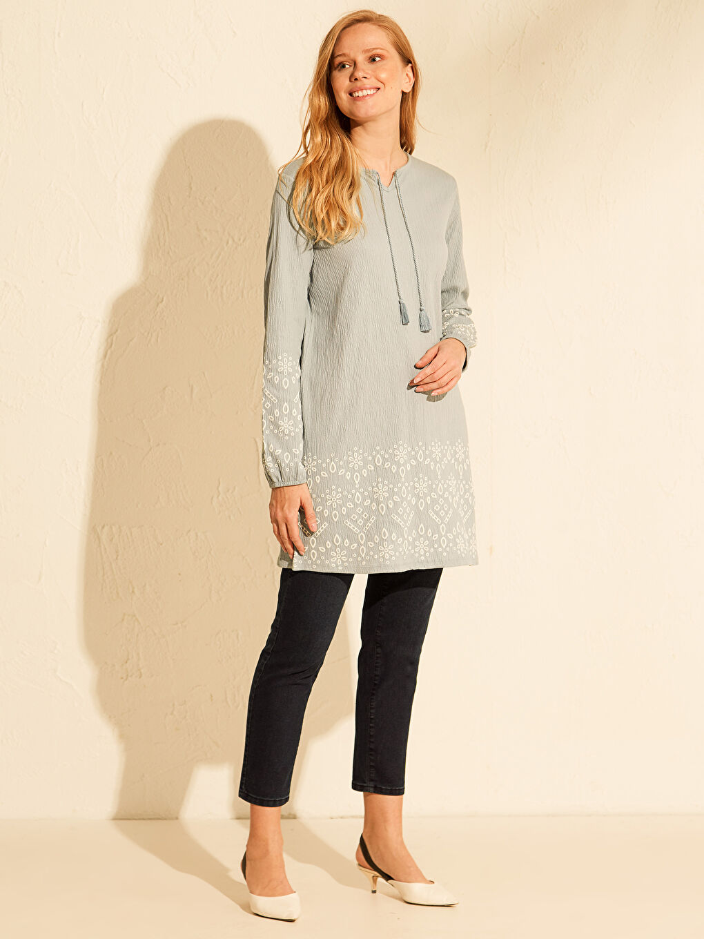 Mavi Bisiklet Yaka Desenli Uzun Kollu Kadın Tunik-2