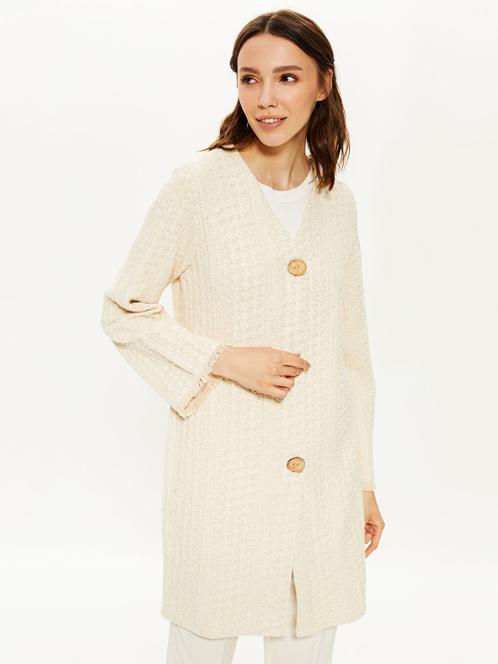 Ekru Jakarlı Hırka