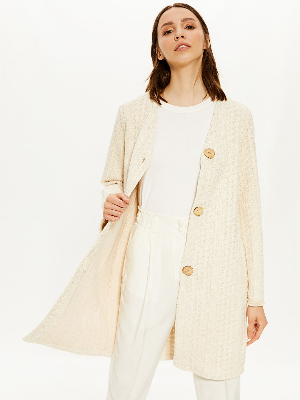 Ekru Jakarlı Hırka-1