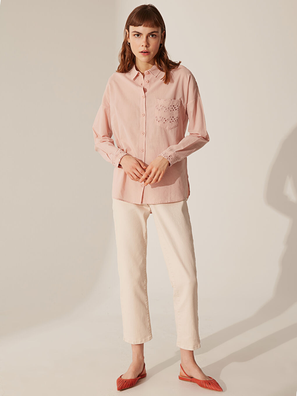 Pembe Rahat Kalıp Uzun Kollu Poplin Kadın Gömlek-2