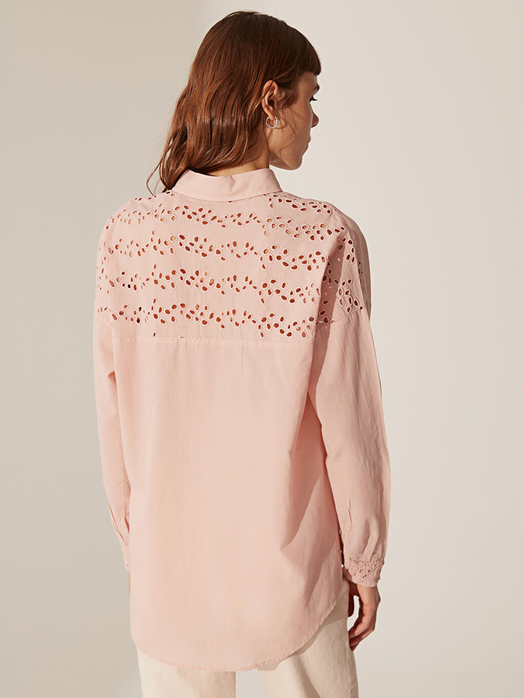 Pembe Rahat Kalıp Uzun Kollu Poplin Kadın Gömlek-3