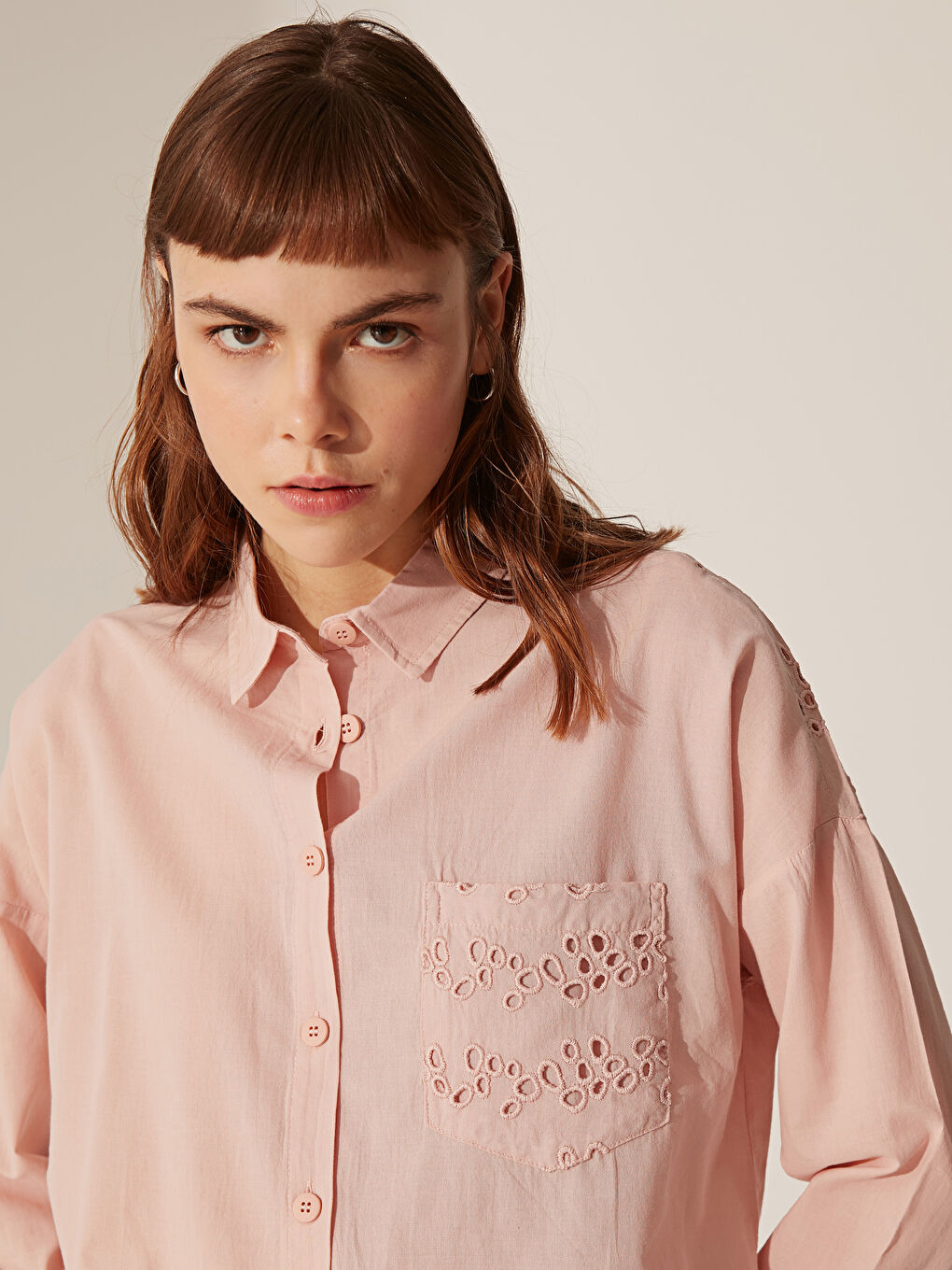 Pembe Rahat Kalıp Uzun Kollu Poplin Kadın Gömlek-4