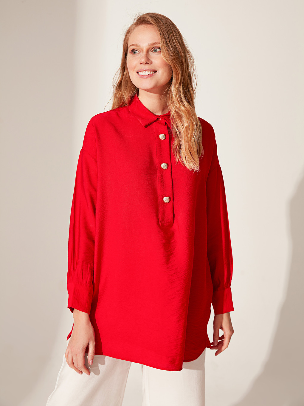 Kırmızı Gömlek Yaka Uzun Kollu Oversize Kadın Tunik