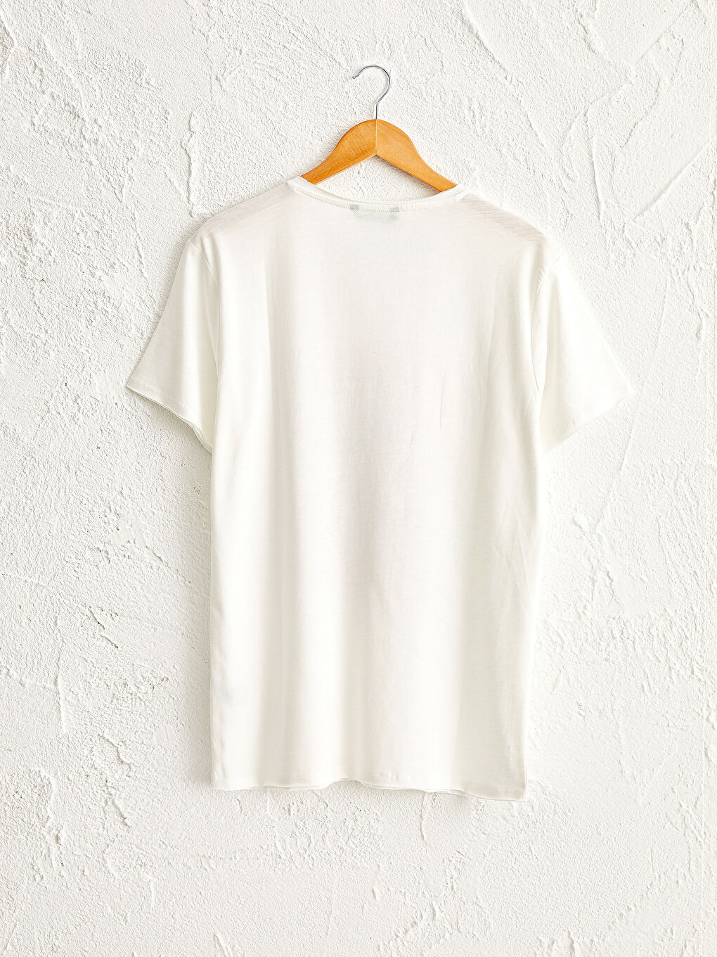 Ekru Bisiklet Yaka Baskılı Penye Tişört-1