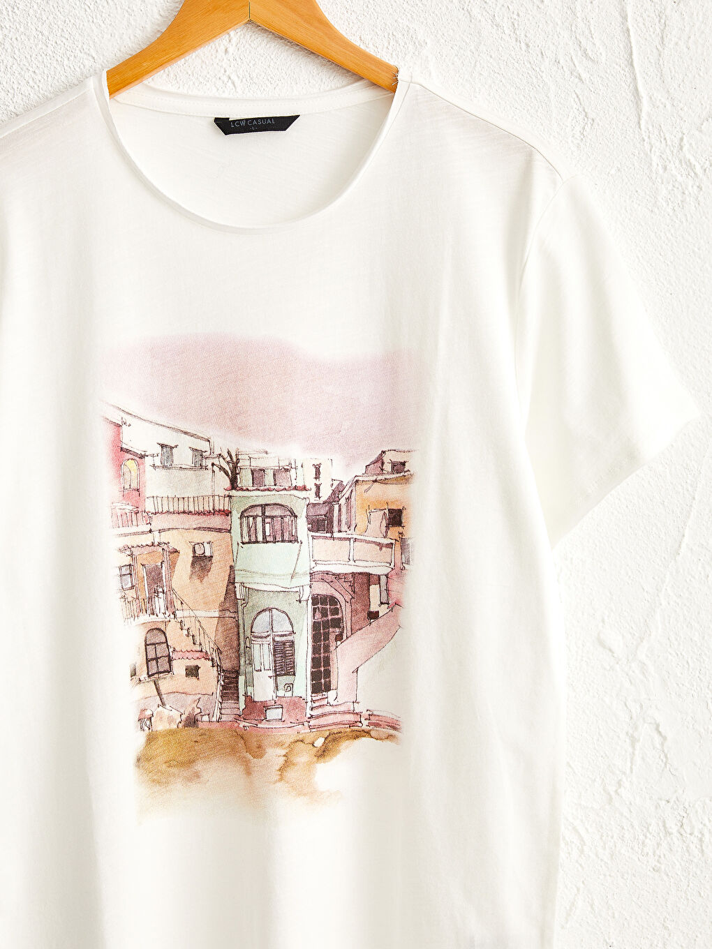 Ekru Bisiklet Yaka Baskılı Penye Tişört-2