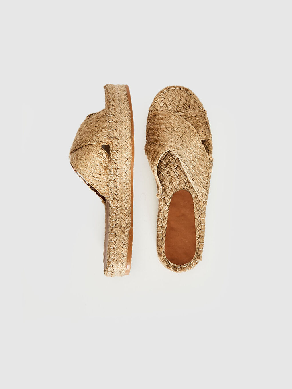 Bej Kadın Hakiki Deri Çapraz Bant Hasır Terlik-5