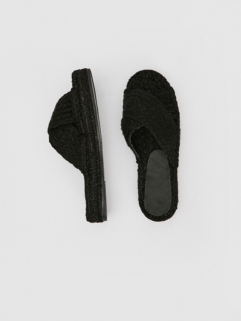 Siyah Kadın Hakiki Deri Çapraz Bant Hasır Terlik-4