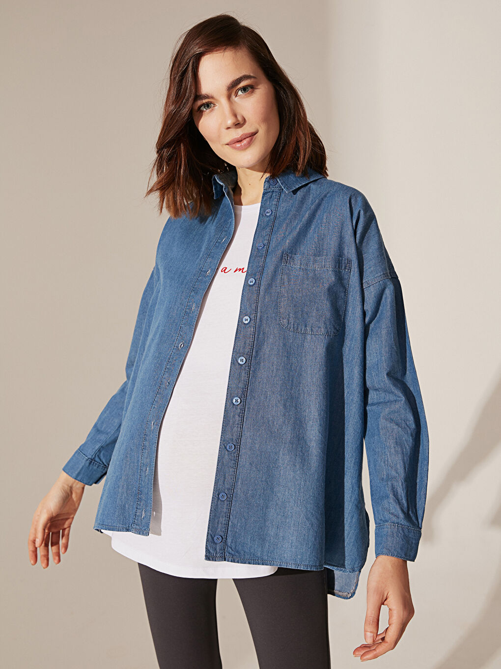 İndigo Gömlek Yaka Uzun Kollu Kadın Jean Tunik-1