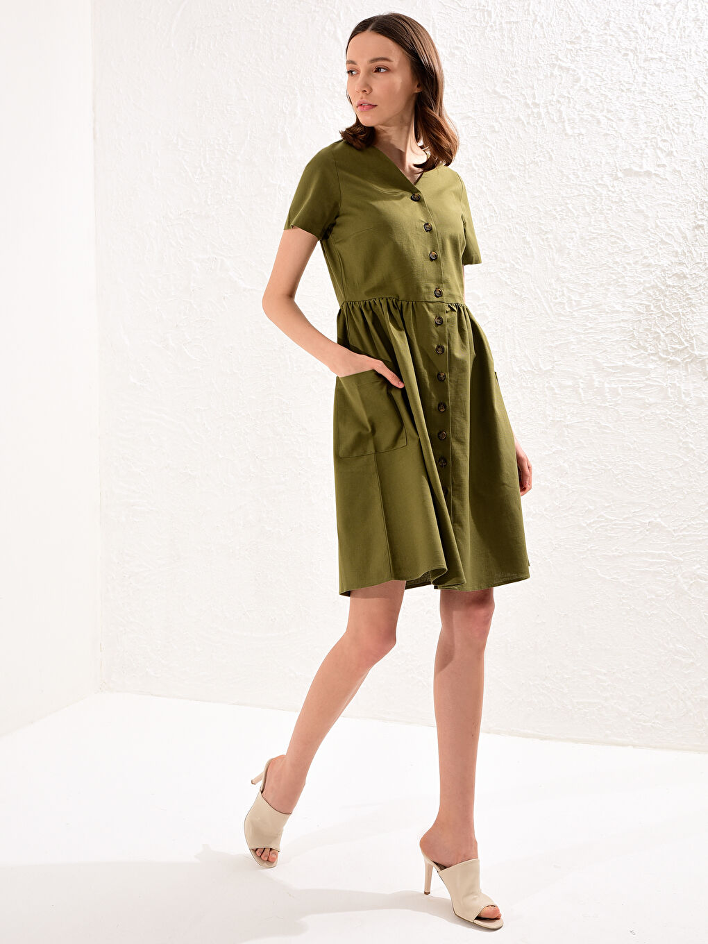 Haki Düz Poplin Elbise Anne Kız Kombini-1